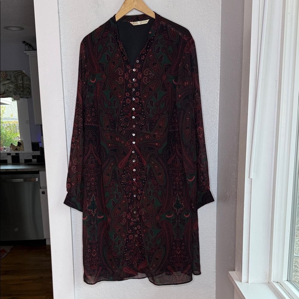 Eshakti Wayward Fancies maroon green Paisley Dress modest abalone buttons